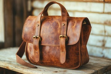 Distressed Brown Leather Messenger Bag with Brass Buckles