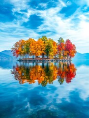 A small island in the middle of a lake surrounded by trees