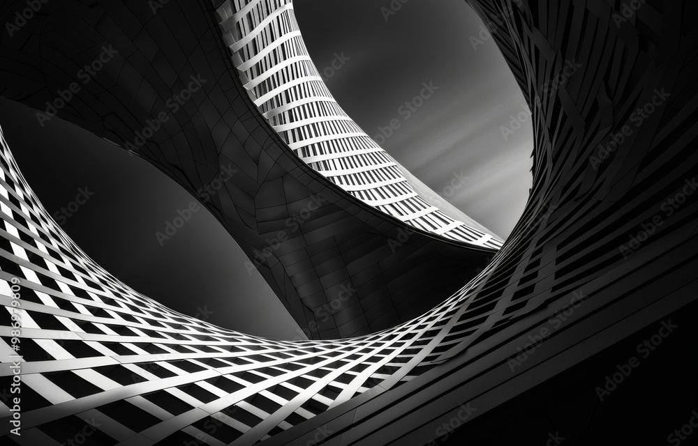 Aufkleber Abstract black and white image of modern architecture with curved lines and grid patterns.
