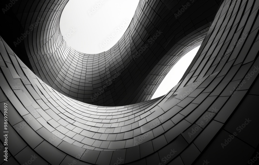 Poster black and white photo of a modern building's architectural design with curved walls and openings.
