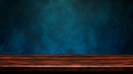Dark blue and brown abstract background with a wooden table for product presentation