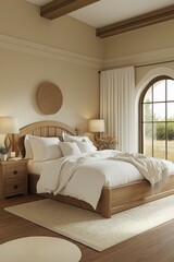 A rustic yet elegant bedroom with arched windows, white bedding, wooden furniture, and natural decor, creating a warm and inviting atmosphere