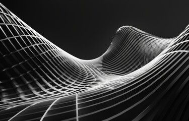Abstract black and white image of a futuristic architecture concept with wavy lines and grid pattern.