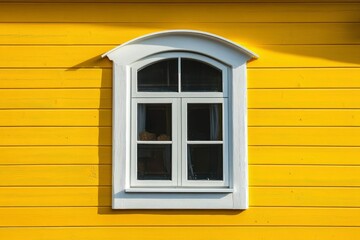 White Window with Arched Top on Yellow Wooden Wall