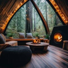 Fototapeta premium An inviting glamping cabin with large arched windows offering a stunning forest view. The cozy interior includes comfortable seating, soft lighting, and a warm fireplace, perfect for relaxation