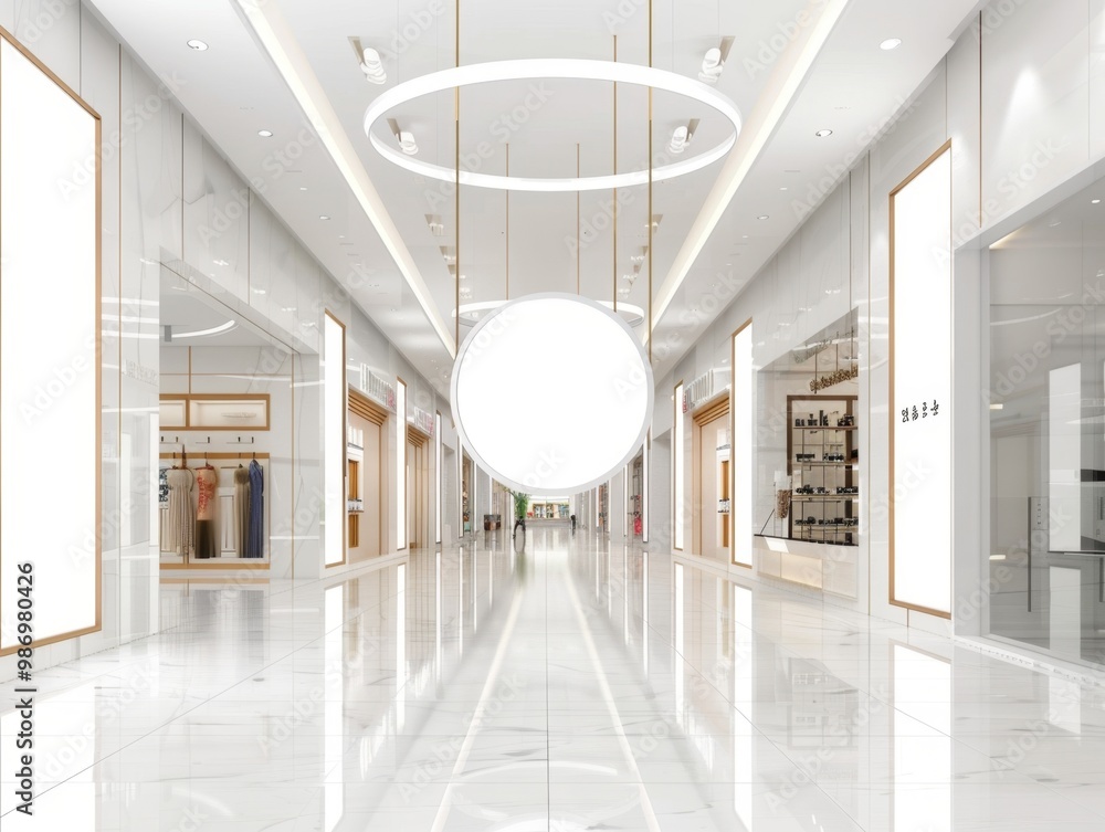 Poster a wide, empty, and modern hallway with a large circular light fixture hanging from the ceiling.