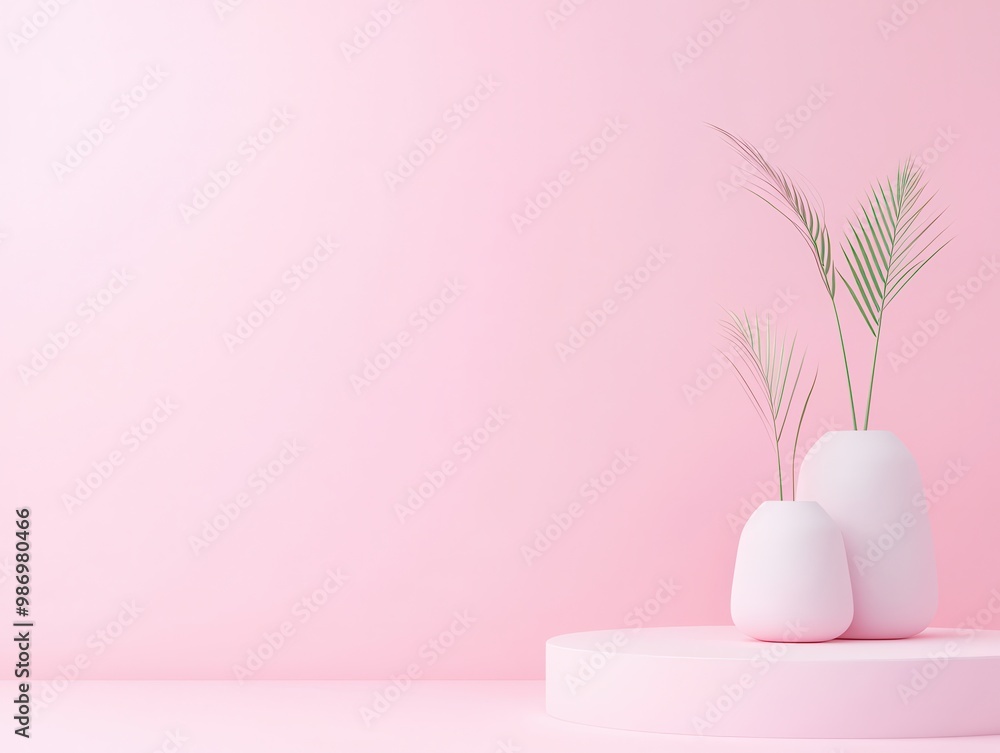 Wall mural Minimalistic Pink Background with Plant and Vases.