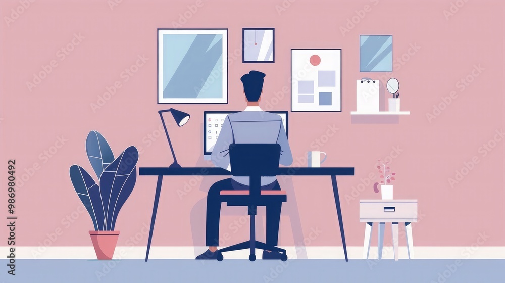 Aufkleber man sitting at desk working from home on computer