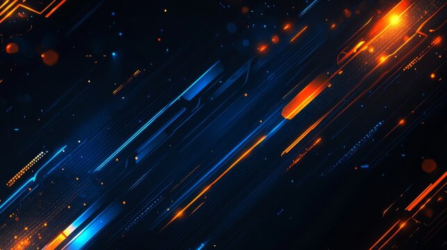 An abstract digital art piece featuring diagonal lines in blue and orange glowing with light.