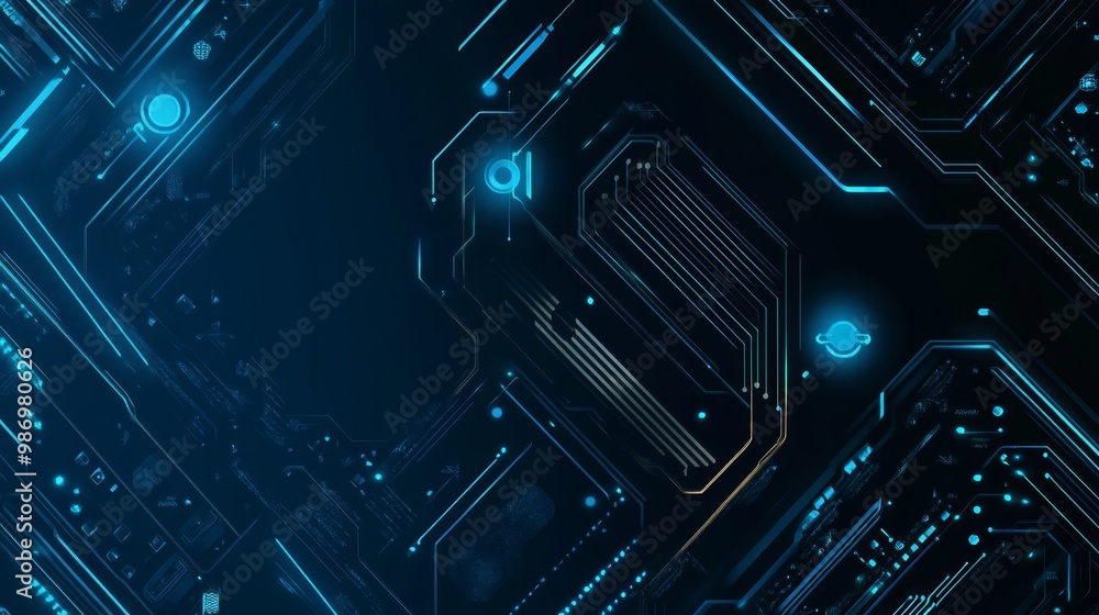 Poster a stylized abstract representation of futuristic circuitry with glowing blue lines and shapes on a d