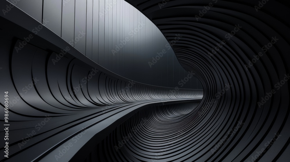 Poster a 3d render of an abstract black curved corridor with lines and walls.