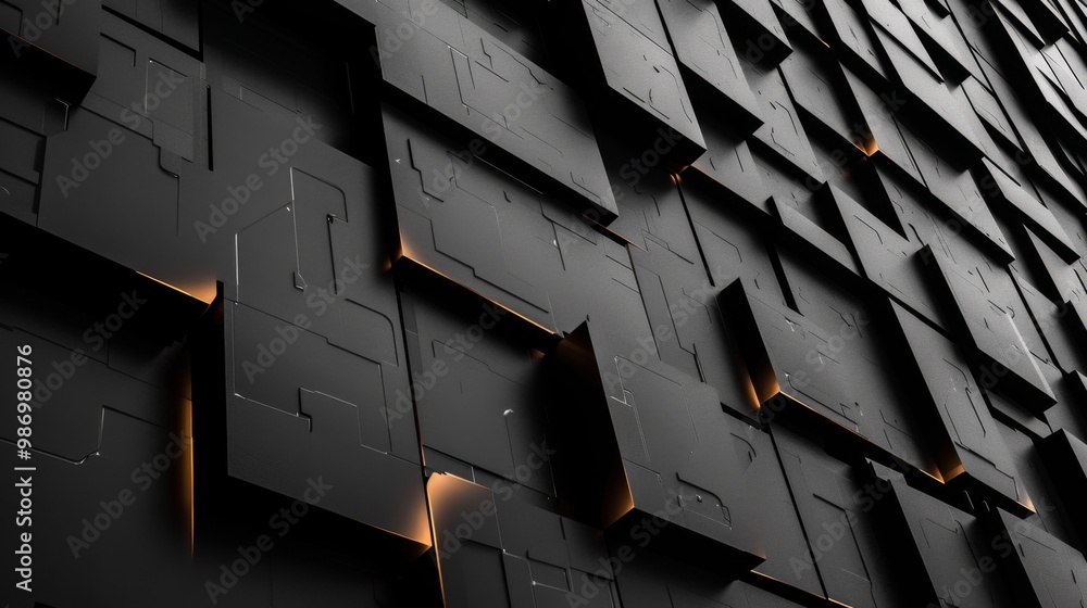 Poster A 3D rendered abstract image of a wall made of black cubes with gold edges and a subtle glowing effect.