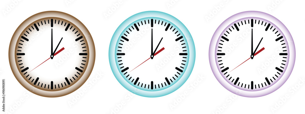 Poster three colored clocks with different colors and numbers. editable colored clocks arranged in a row
