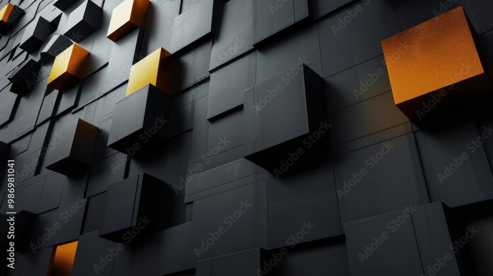 Aufkleber A 3D rendering of a wall made of black and gold cubes, creating an abstract geometric pattern.