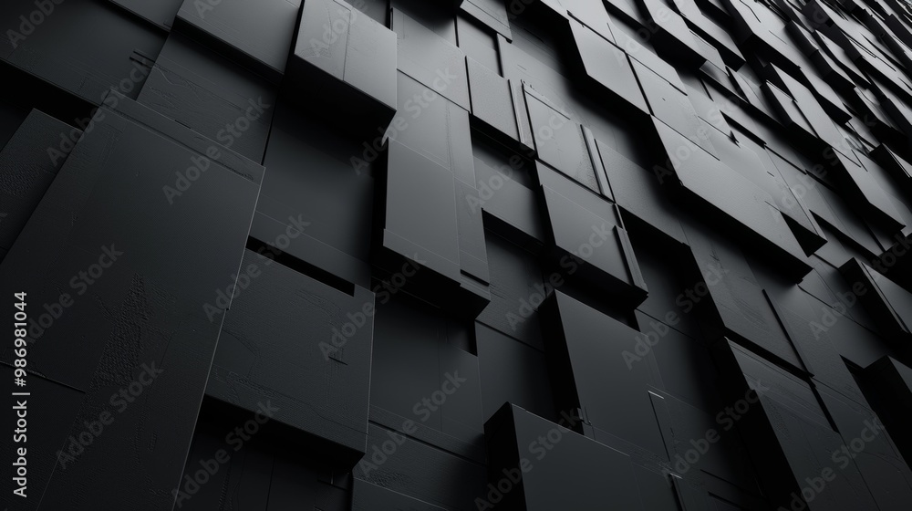 Poster A 3D rendering of a geometric wall made of black and grey cubes and rectangles.