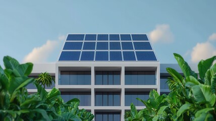 Modern building with solar panels and greenery