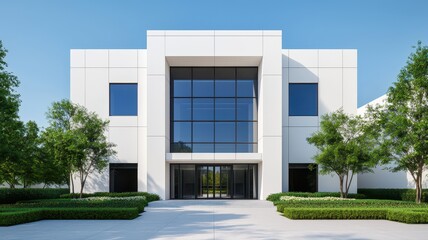 Modern office building with large glass windows, clear sky.