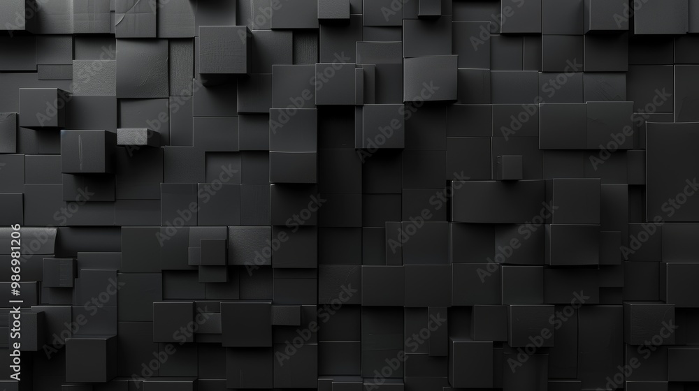 Poster An abstract image of a wall composed of black cubes, creating a geometric pattern with variations in depth and perspective.