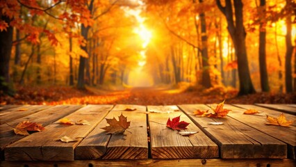 Autumnal table with orange leaves and wooden plank bathed in sunset light amongst a forest setting