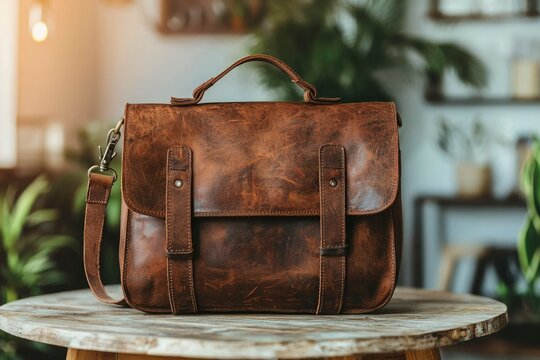 Brown Leather Messenger Bag on Wooden Table