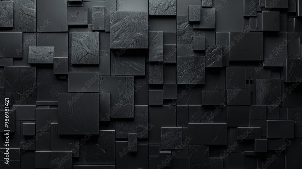 Poster A close-up of a wall made of black square tiles with a textured surface.