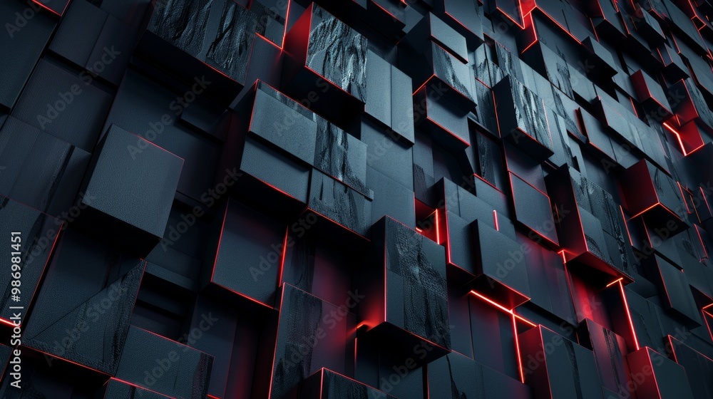 Poster A digital rendering of a wall made of black cubes with red glowing lines highlighting the edges.