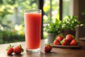 A Glass of Fresh Strawberry Juice and Strawberries on a Table