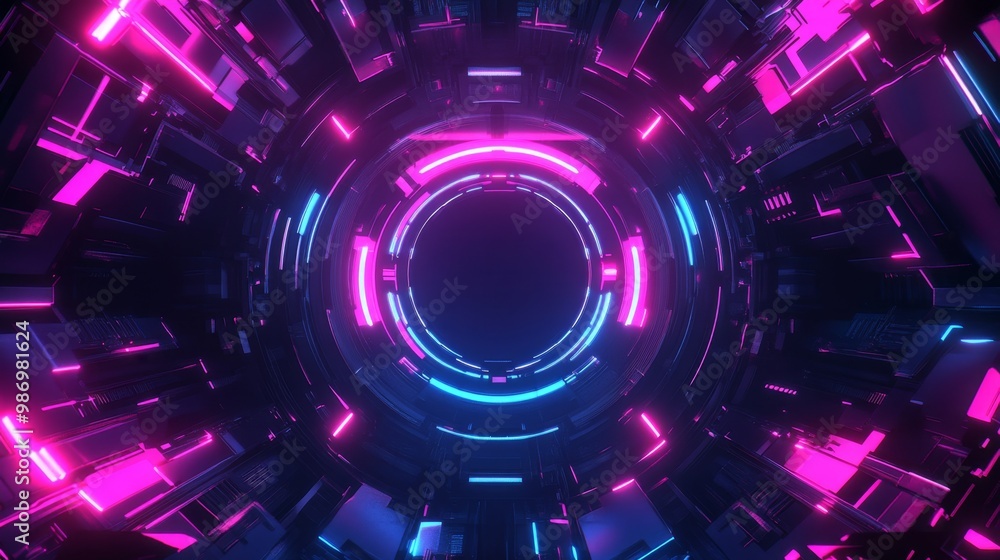 Aufkleber An abstract 3D rendering of a futuristic tunnel with neon lights.  The tunnel is composed of geometric shapes and patterns illuminated by vibrant pink and blue neon lights.