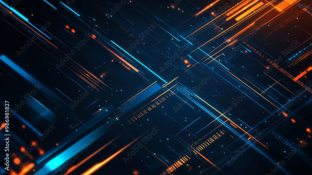 Aufkleber abstract digital art with blue and orange neon lines intersecting on a dark background.