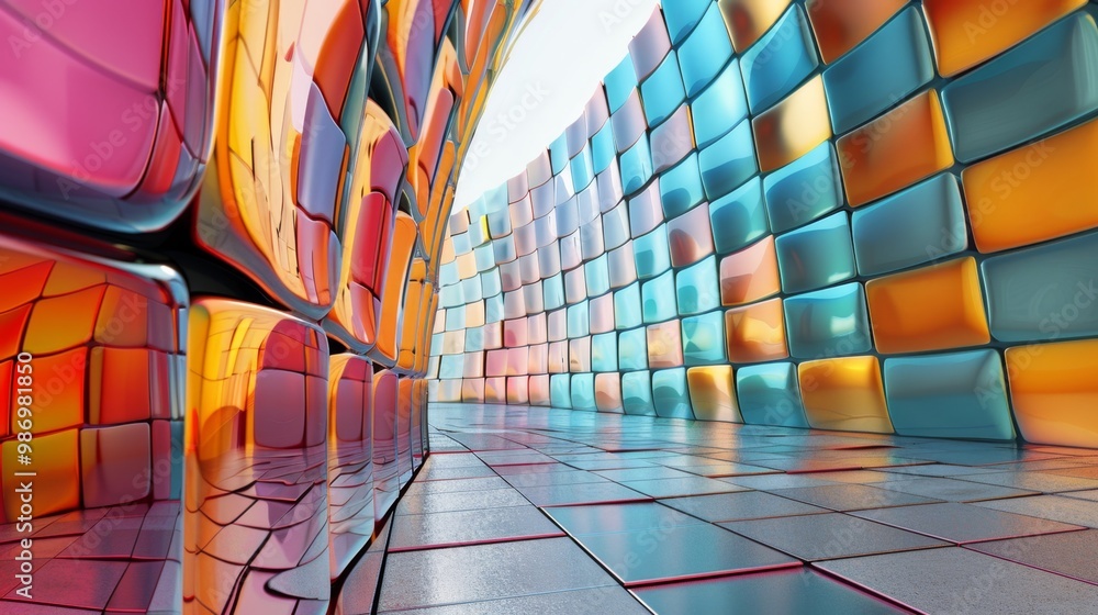 Aufkleber a digital illustration depicting a 3d rendering of curved, colorful, and shiny tiles forming an abst
