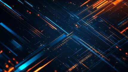 Abstract digital art with blue and orange neon lines intersecting on a dark background.