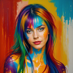 A pretty young woman painted with many different oil colors 