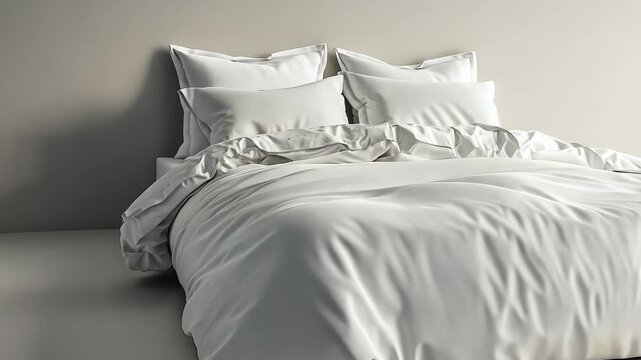 Luxurious white bedding set arranged on a modern bed in a minimalist bedroom setting during daylight hours