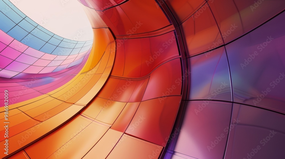 Poster an abstract image showcasing curved panels in shades of red, orange, and purple, creating a modern a