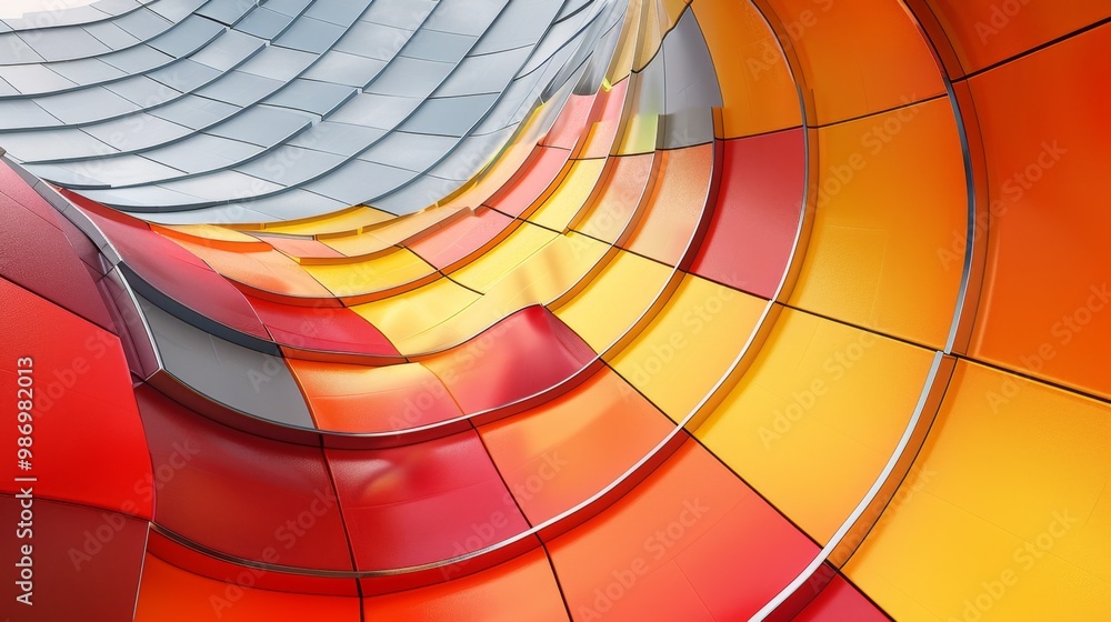 Poster An abstract architectural image featuring a curved wall with colorful panels.
