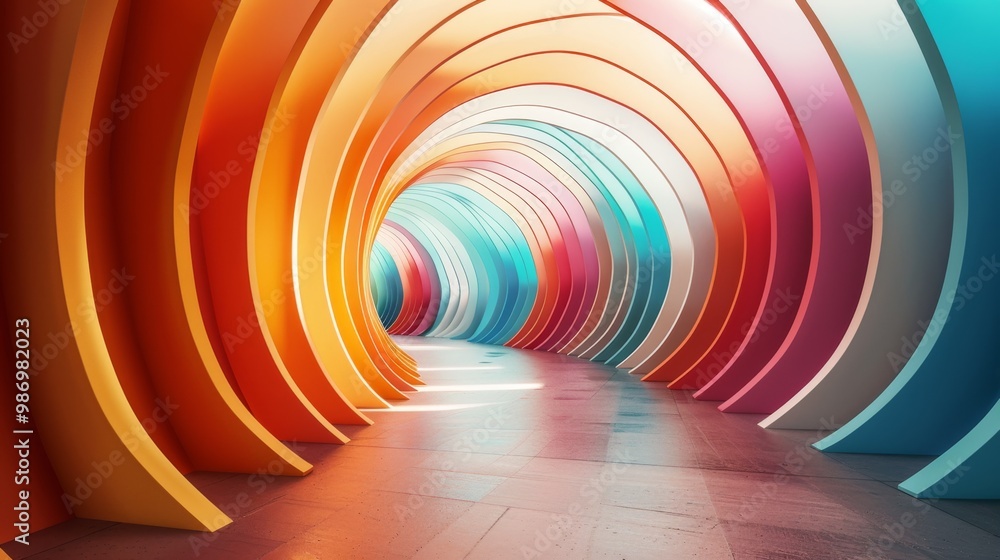 Poster a brightly colored tunnel with arched walls and a light reflecting on the floor.