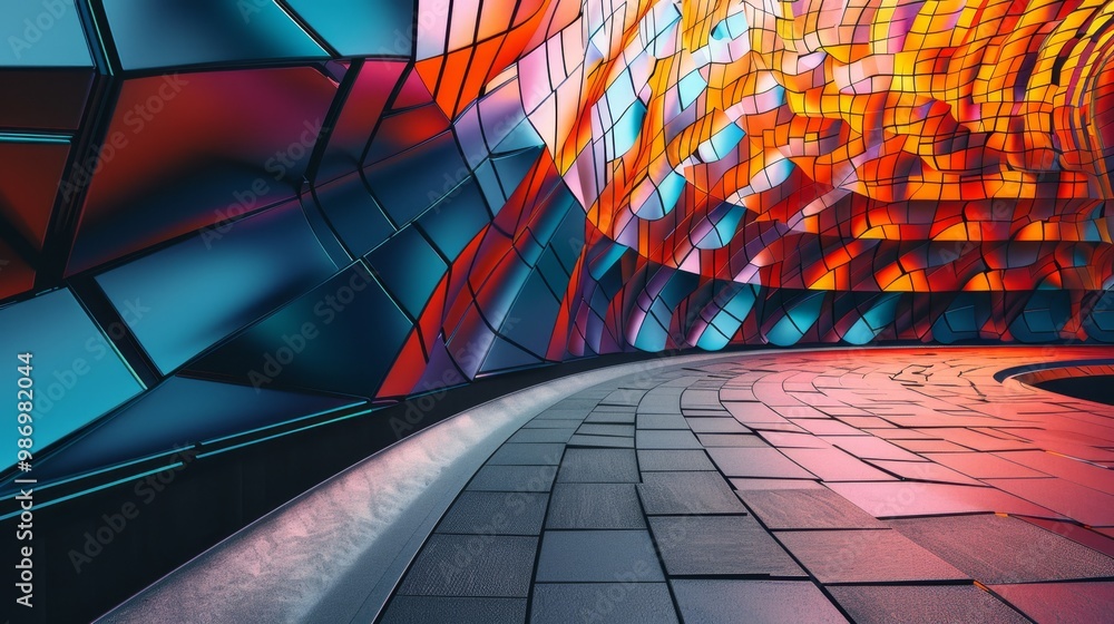 Poster A digital illustration of a futuristic, abstract geometric structure with a curved wall and a tiled floor.