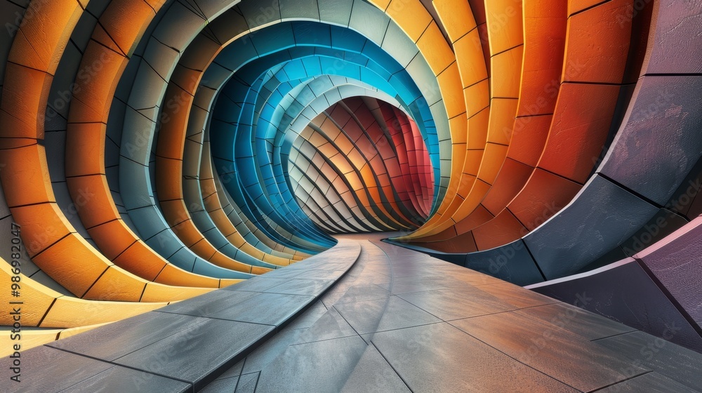Poster A colorful curved wall tunnel with a tiled floor creates an abstract and geometric design.
