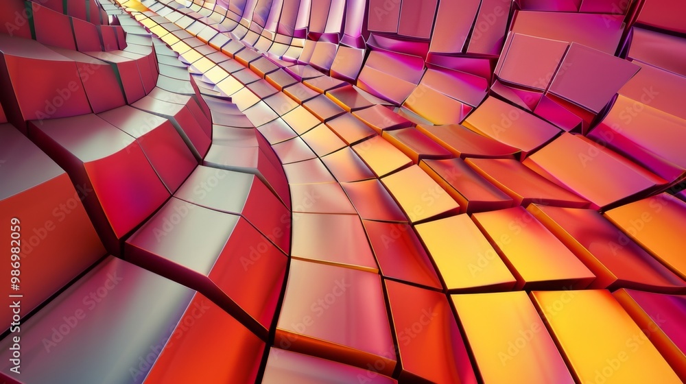 Aufkleber A digitally rendered abstract background featuring a curved surface made of metallic squares in vibrant red, yellow, and orange hues.