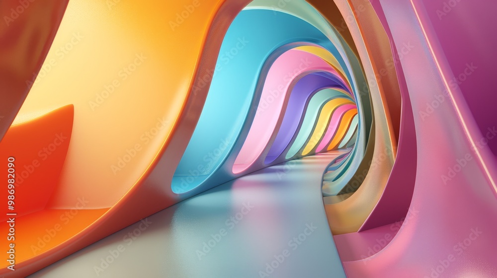 Poster an abstract rendering of a colorful, curved tunnel with a reflective floor.