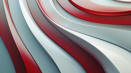 Abstract graphic design featuring curved red and white shapes.