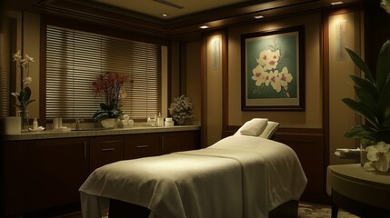 A peaceful and elegant spa room with a massage bed, orchids, and ambient lighting, creating a tranquil and luxurious atmosphere for ultimate relaxation