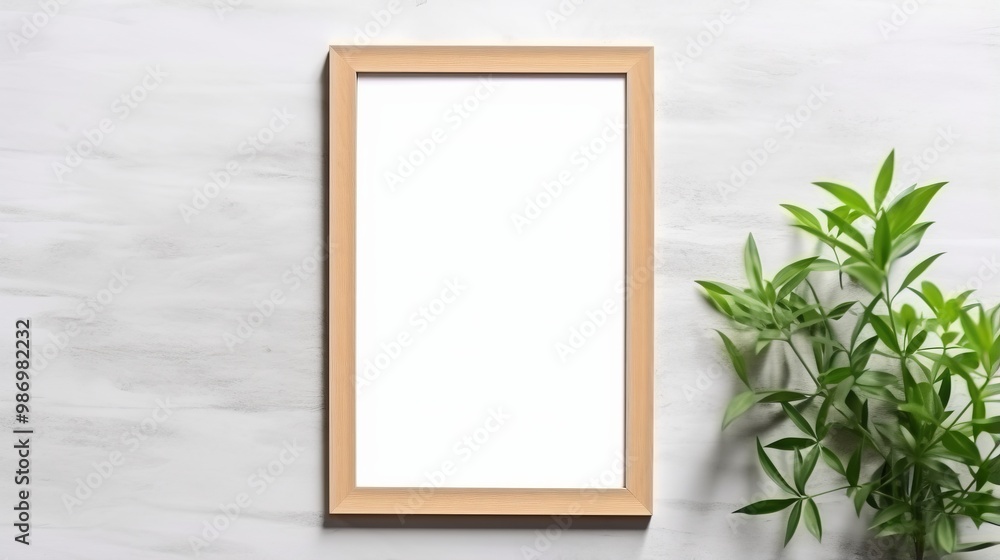 Poster a simple and clean wooden frame with a white background and a sprig of greenery on the right side.