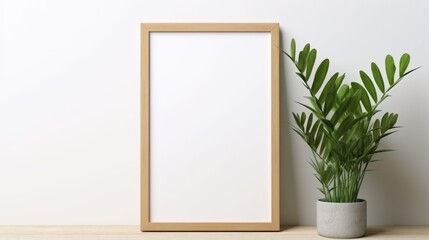 A blank canvas in a wooden frame sits on a tabletop next to a potted green plant against a white wall.
