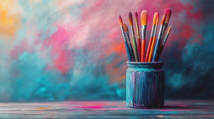Colorful Paint Brushes in a Jar on a Wooden Table with a Vibrant Abstract Background