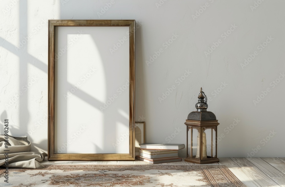 Poster a large wooden frame with a white background set against a backdrop of home decor elements.