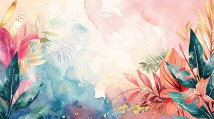 Modern abstract art. Watercolor floral illustration. Golden elements, watercolor painting, children's wallpaper. Hand drawn plants. Tropical, flowers. leaf. AI generated illustration