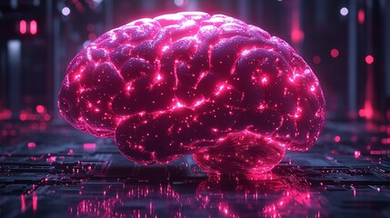 Obraz premium Futuristic glowing human brain, illuminated in vibrant neon pink and red hues