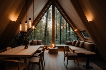 Fototapeta premium A modern Scandinavian-style cabin dining area with a large wooden table, pendant lighting, and cozy window seating, overlooking a forest through large triangular windows