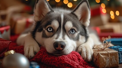 Huskys Delightful Christmas Surprise Surrounded by Colorful Gifts